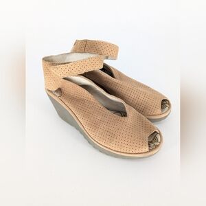 Fly London Yala Brown Perforated Wedge Sandals Peep Toe Ankle Strap Shoes 36